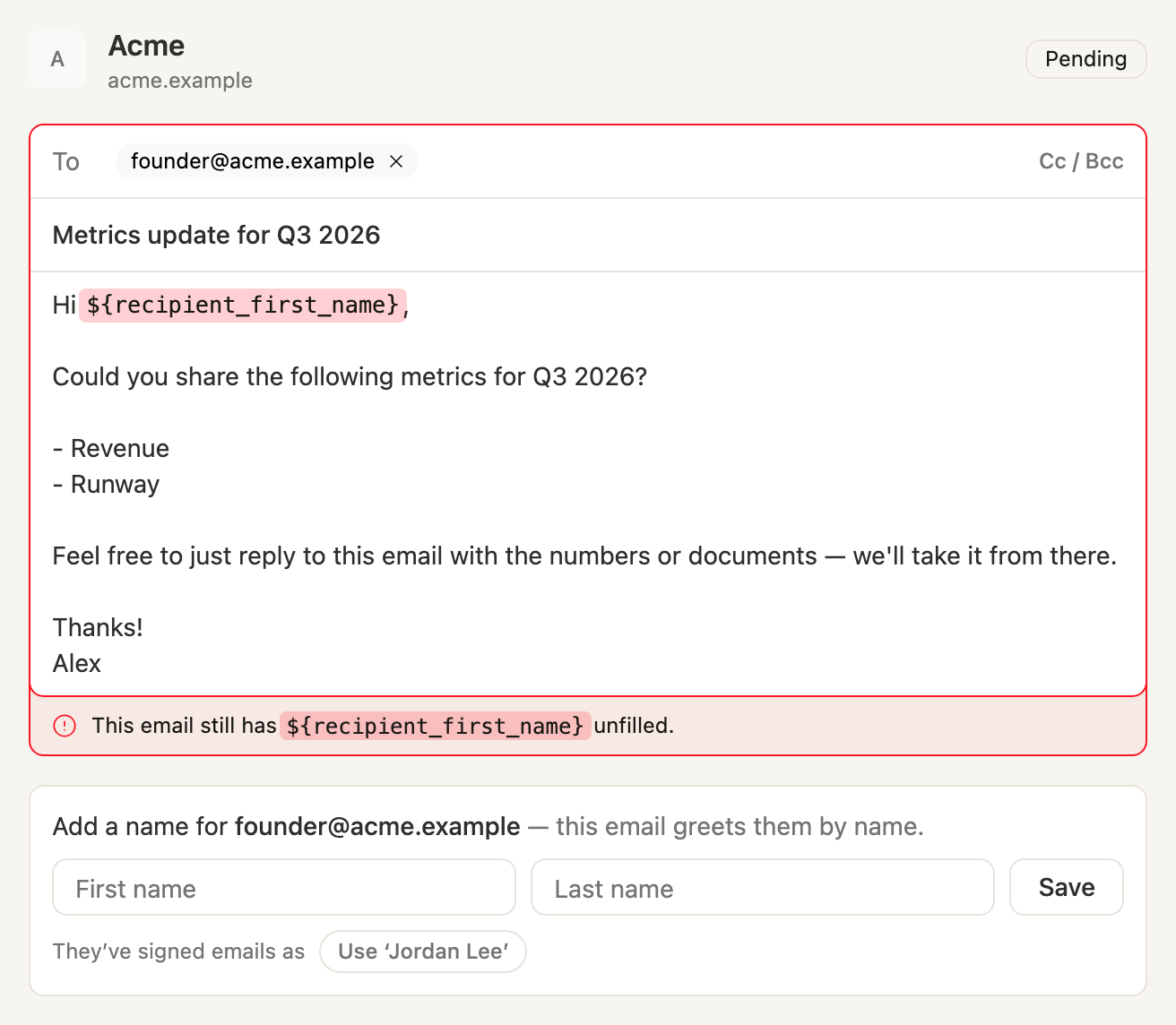 An email held in Cura because the recipient's first name is missing, with a form to add it and a suggested name
