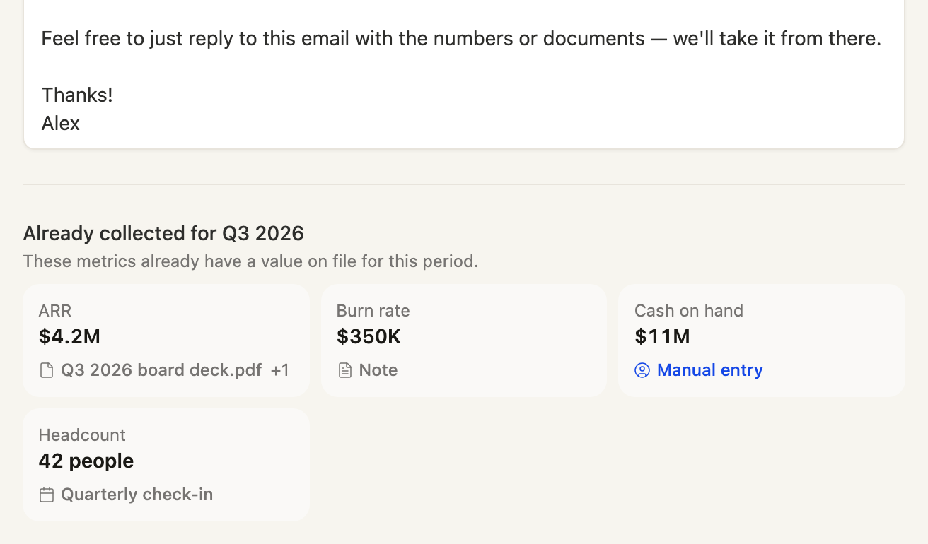 The metrics a company has already reported for Q3 2026, shown below the request email with their sources