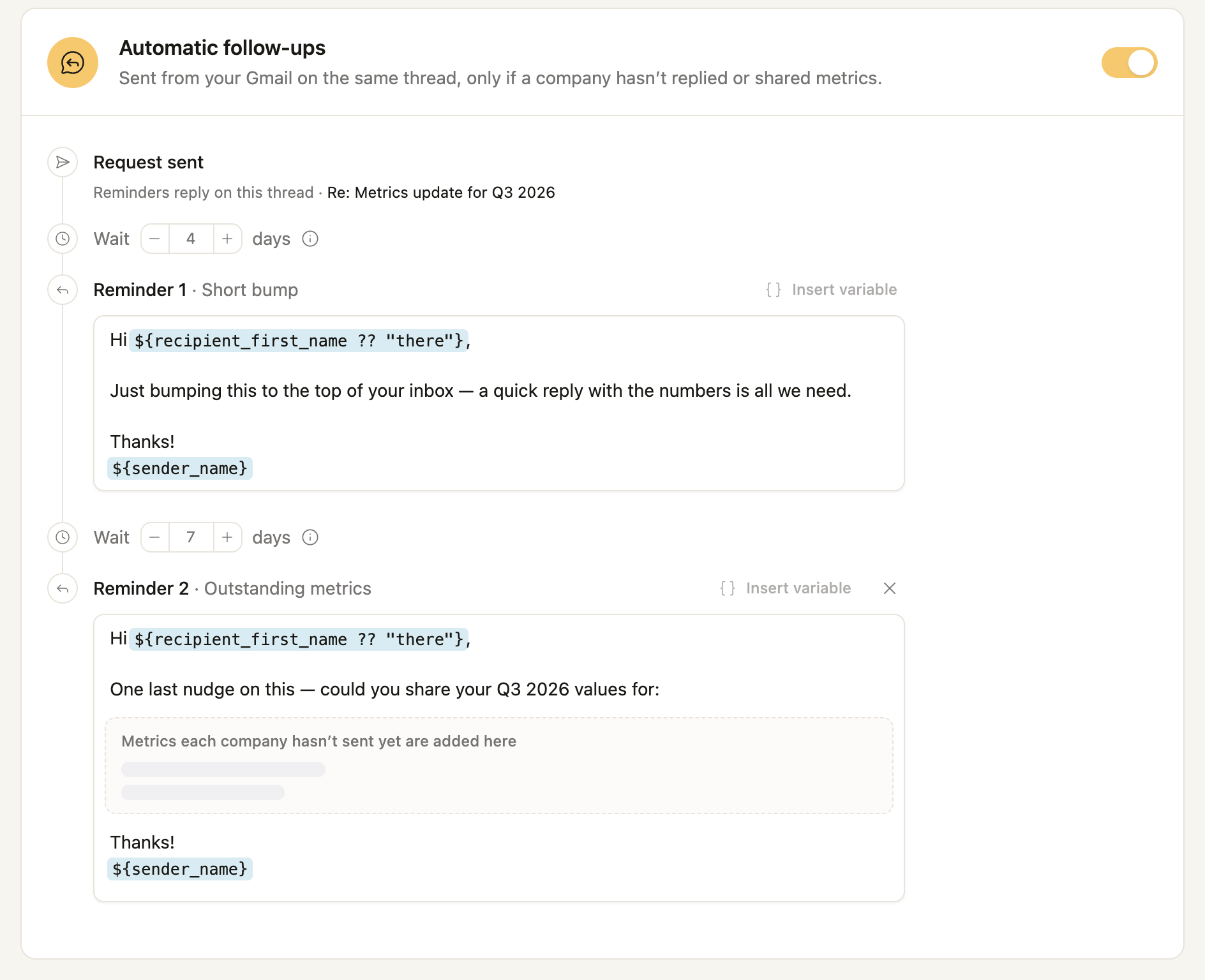 Cura's automatic follow-ups: wait four days, send a short bump, wait a week, then ask for the metrics still outstanding